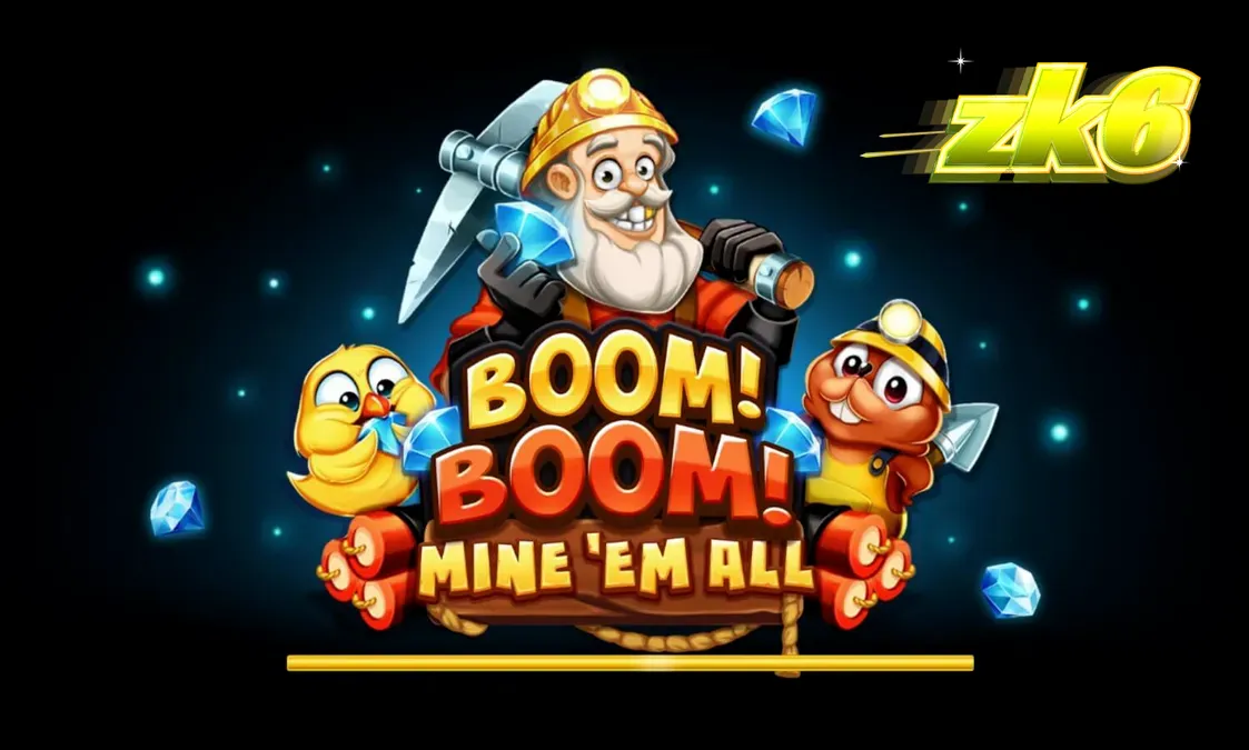 Tampilan visual slot Boom! Boom! Mine ‘Em All dengan tema pertambangan yang eksplosif